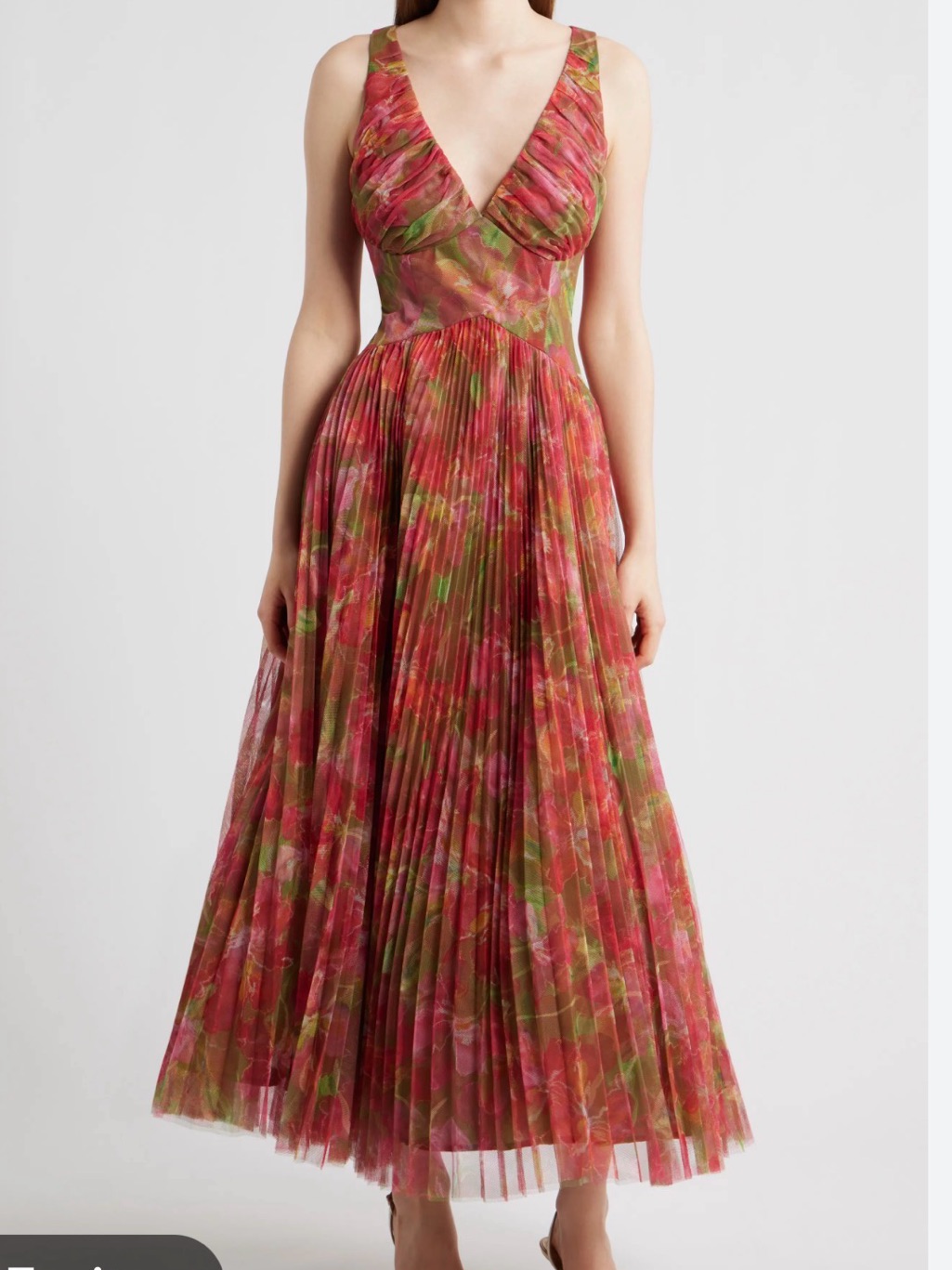 Hutch Pink And Green Pleated V-Neck Maxi Dress